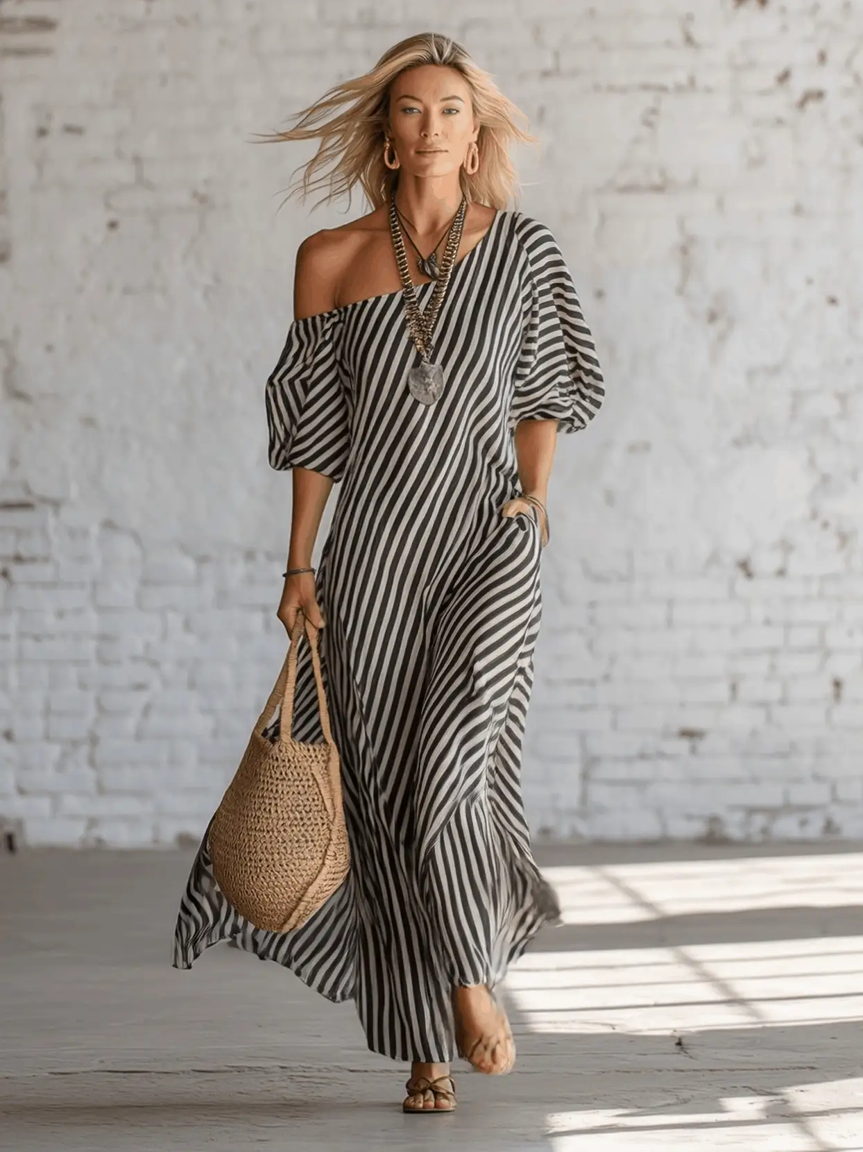 Urban Black Chiffon Striped Print Off Shoulder Maxi Dress