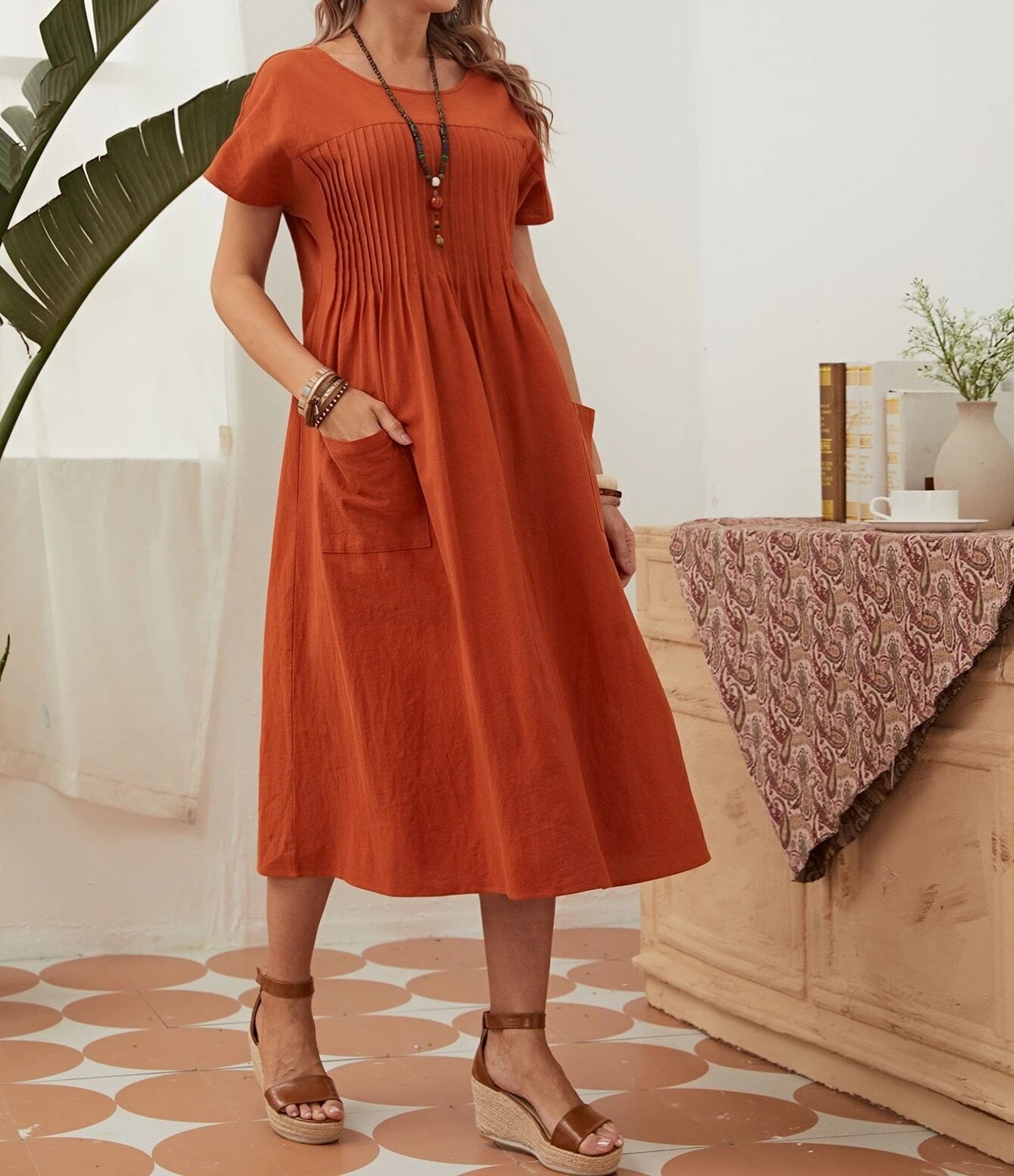 2024 spring and summer women's long skirt new round neck pocket pleated short-sleeved cotton and linen dress