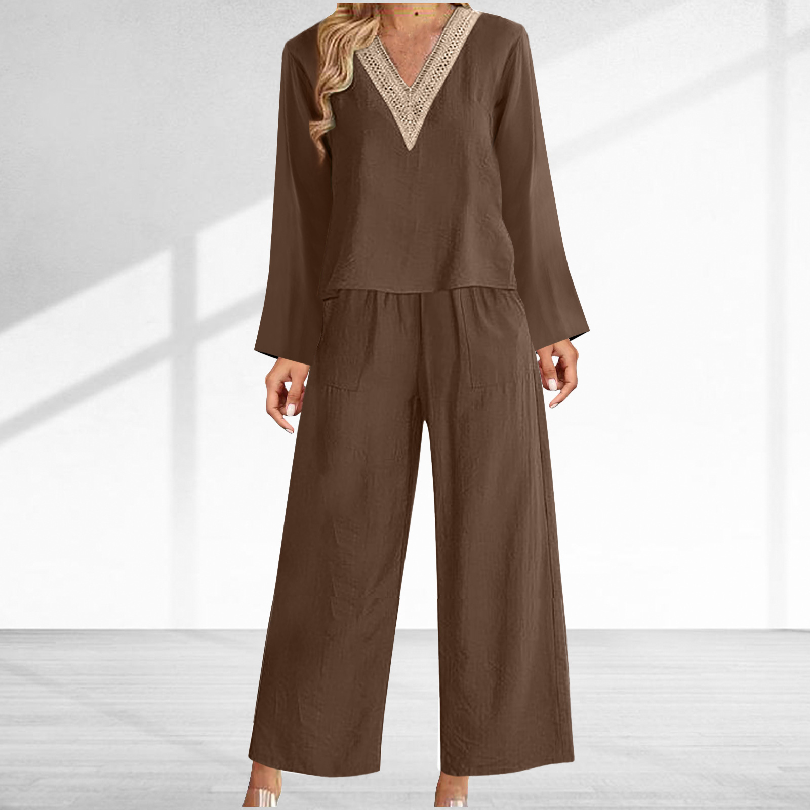 2024 spring and summer new V-neck cotton and linen casual women's long-sleeved trousers suit