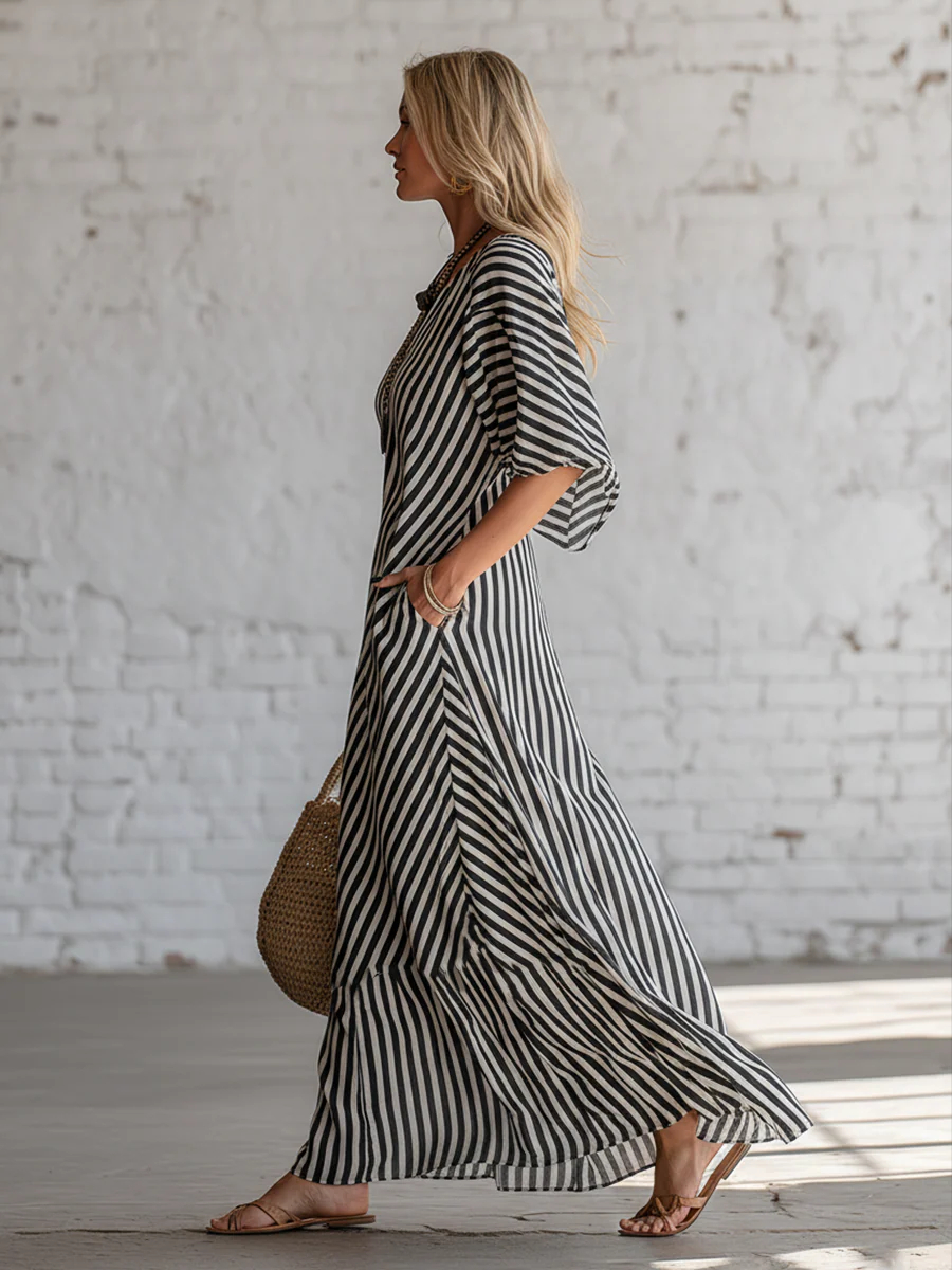 Urban Black Chiffon Striped Print Off Shoulder Maxi Dress