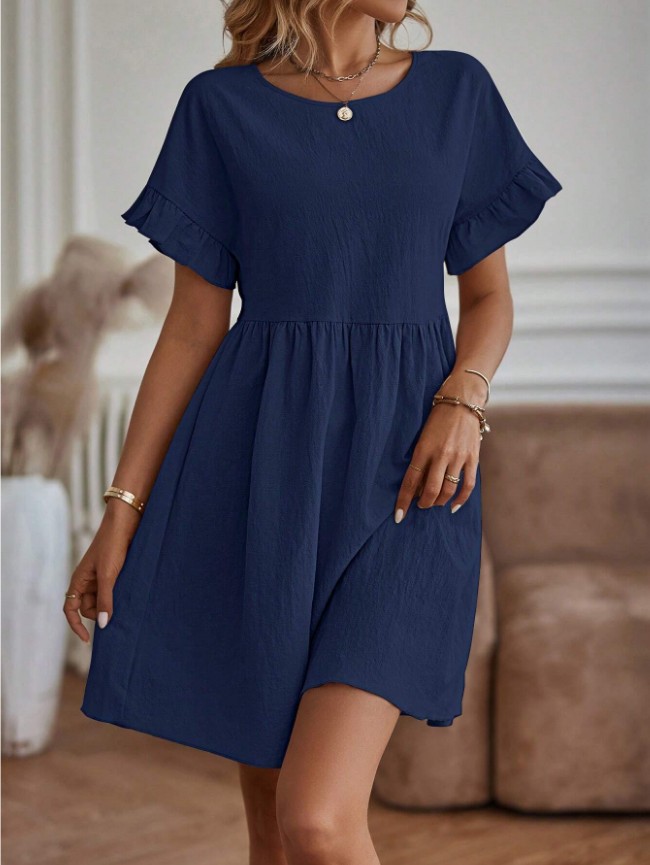 2024 Spring and Summer Ladies Elegant Round Neck Loose Cotton and Linen Dress
