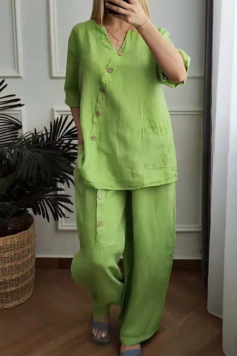 Women's Cotton & linen casual Short Sleeve Shirt & Pants Set