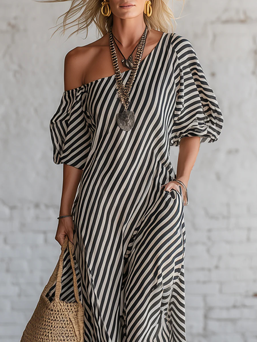 Urban Black Chiffon Striped Print Off Shoulder Maxi Dress