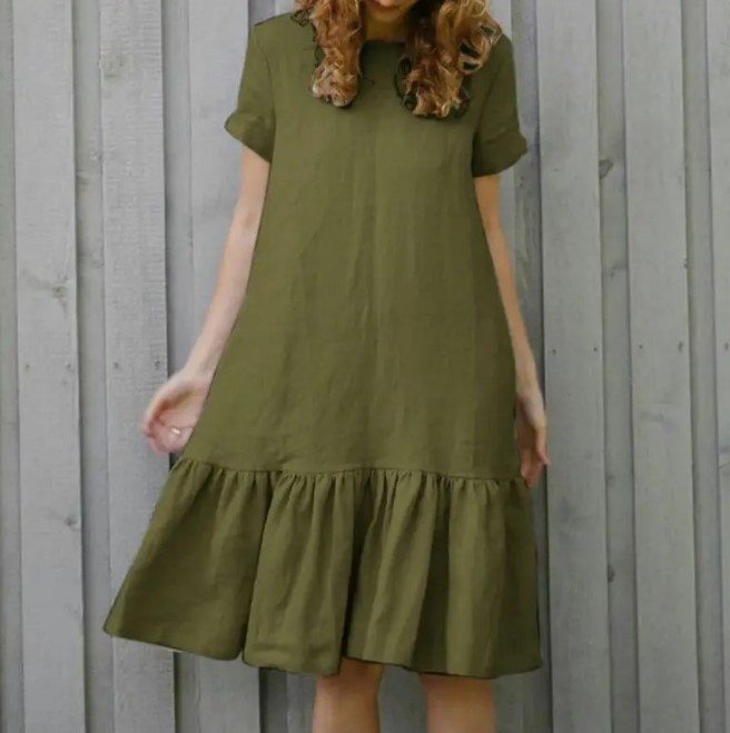 2024 Ladies Loose Slim Short Sleeve Round Neck Cotton and Linen Shirt Dress