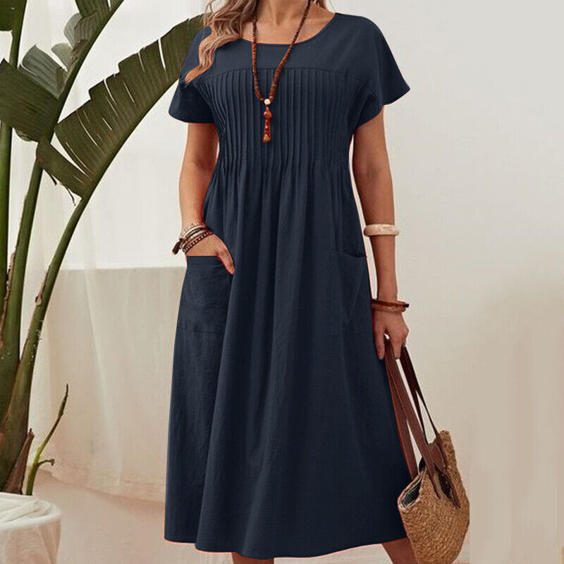 2024 spring and summer women's long skirt new round neck pocket pleated short-sleeved cotton and linen dress