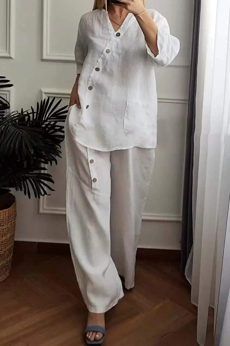 Women's Cotton & linen casual Short Sleeve Shirt & Pants Set