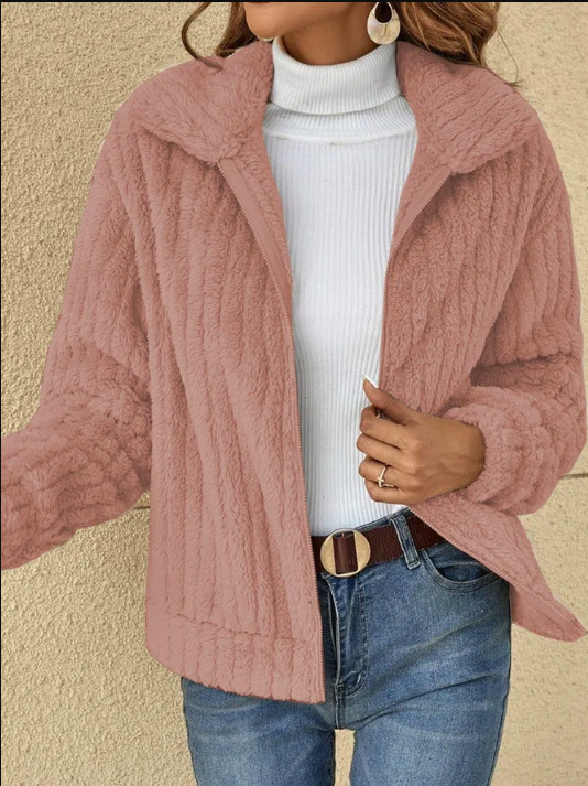Short Jacket Lapel Zipper Warm Plush Fleece Casual Winter Coat 