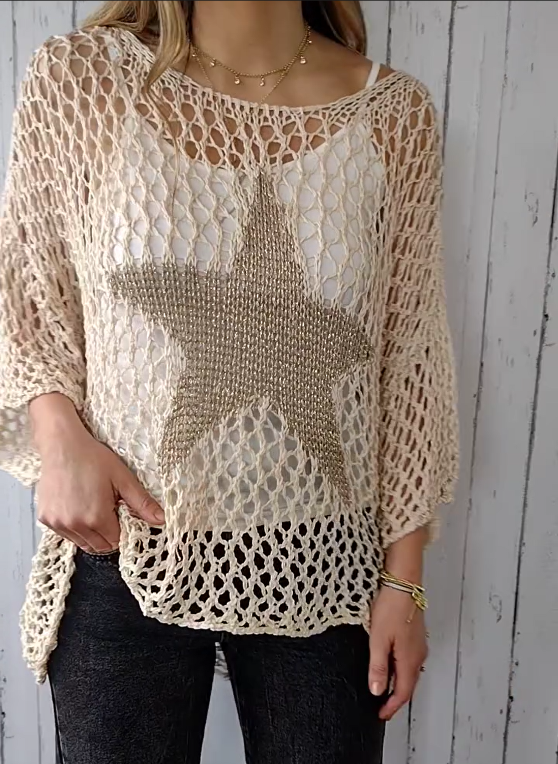 2024 Women's Crochet fishnet three-quarter sleeve shirt