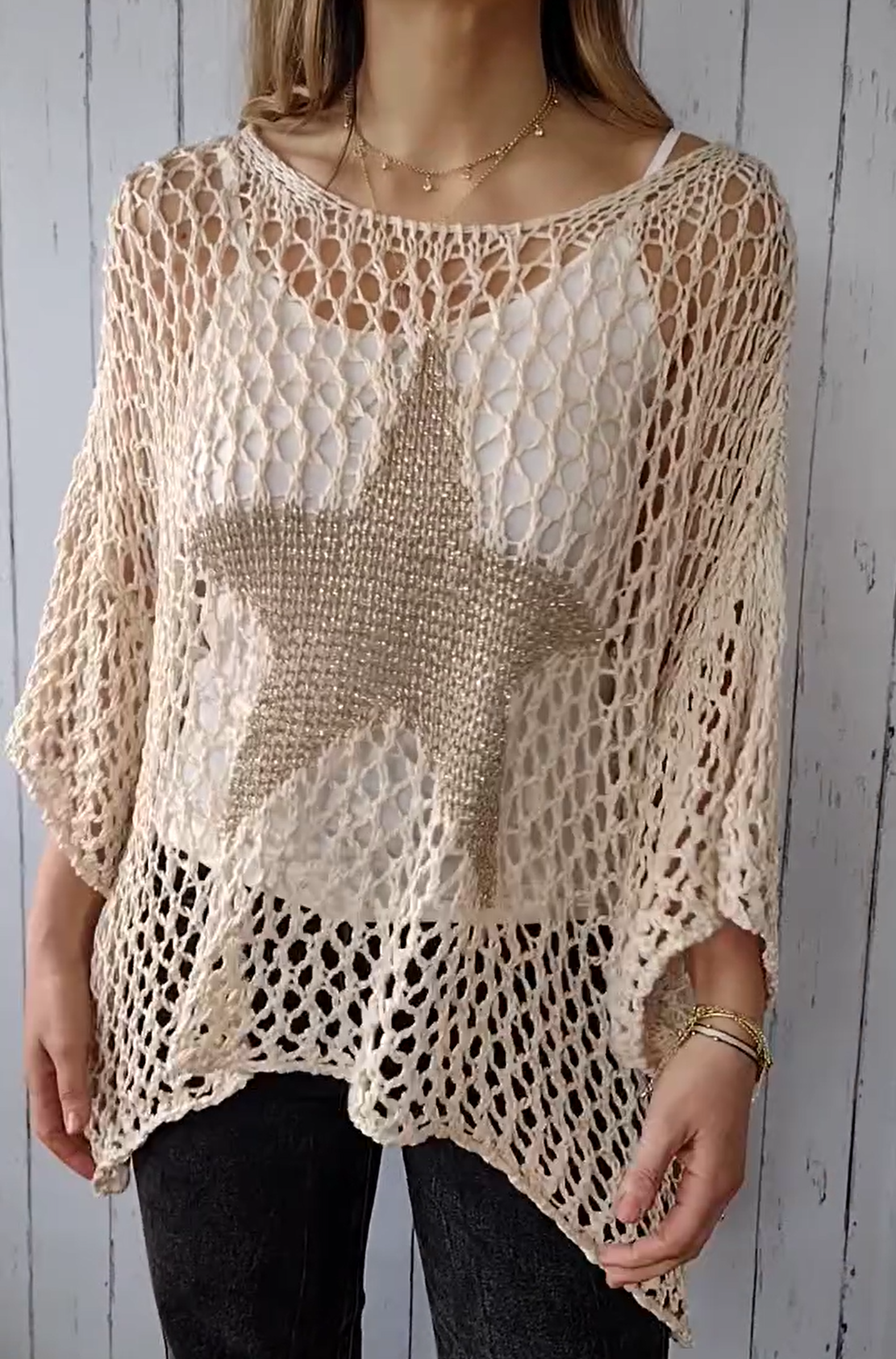 2024 Women's Crochet fishnet three-quarter sleeve shirt