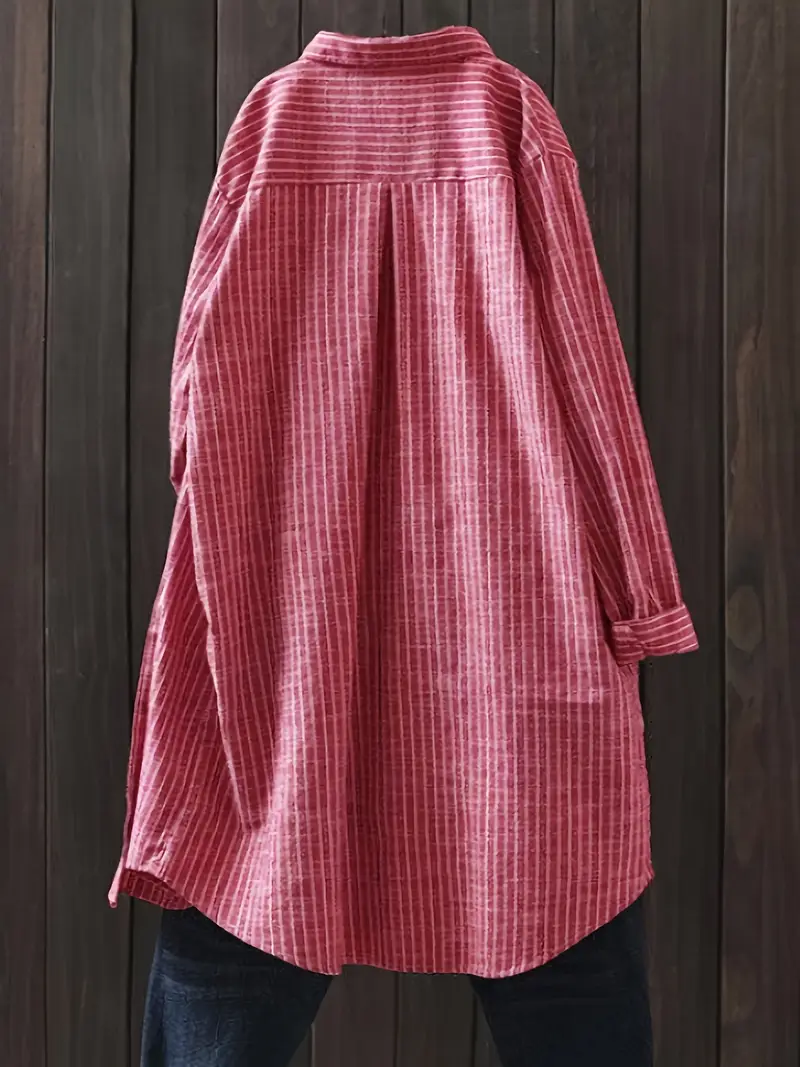 spring and summer womens casual striped pocket long sleeve button up shirt breathable versatile professional commuter casual attire blouse Product details 3