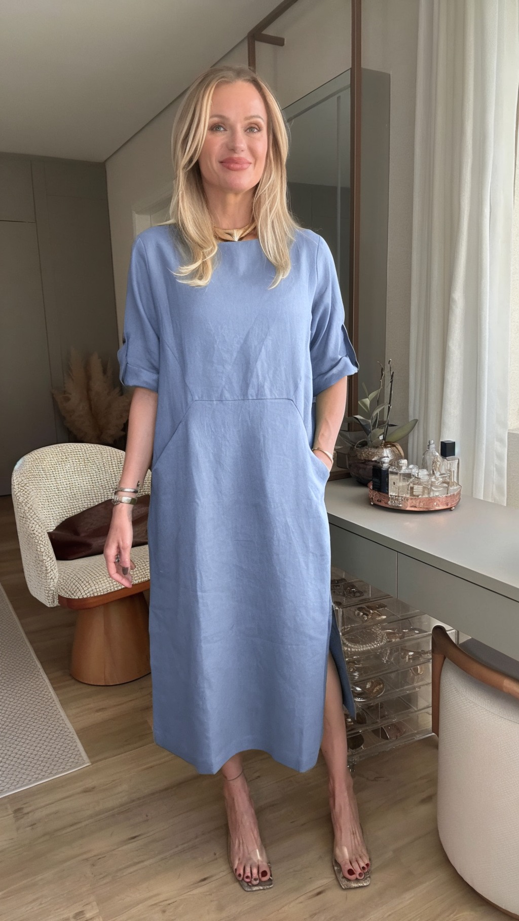 Women's Cotton linen casual dress with pocket