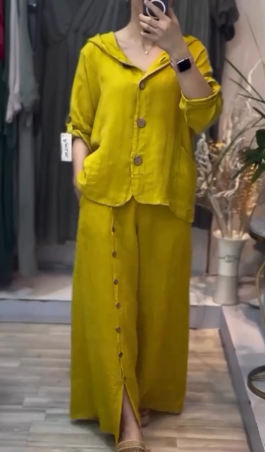 Women's Cotton & linen casual Buttoned suit pants with pocket