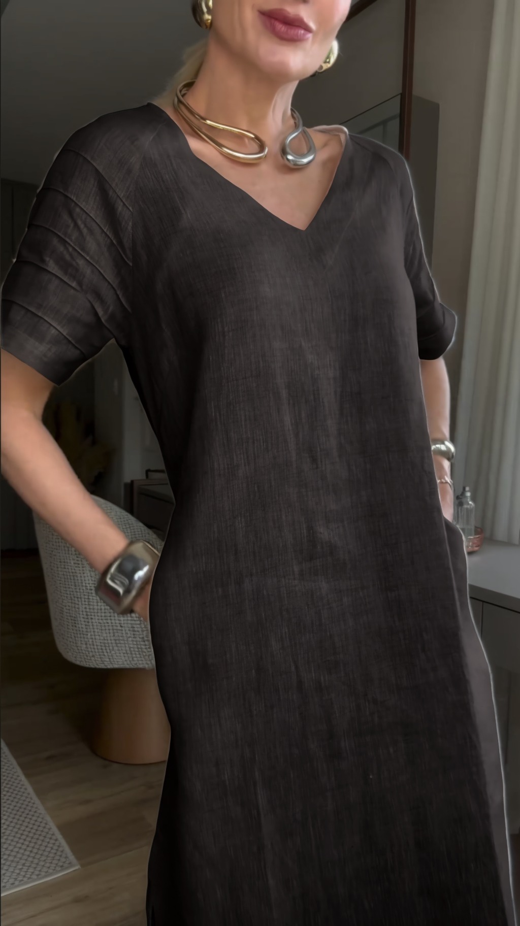 Women's Short sleeve Cotton Linen Skirt Dress With Pocket