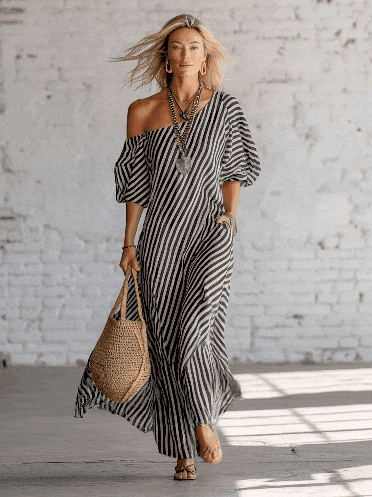 Urban Black Chiffon Striped Print Off Shoulder Maxi Dress