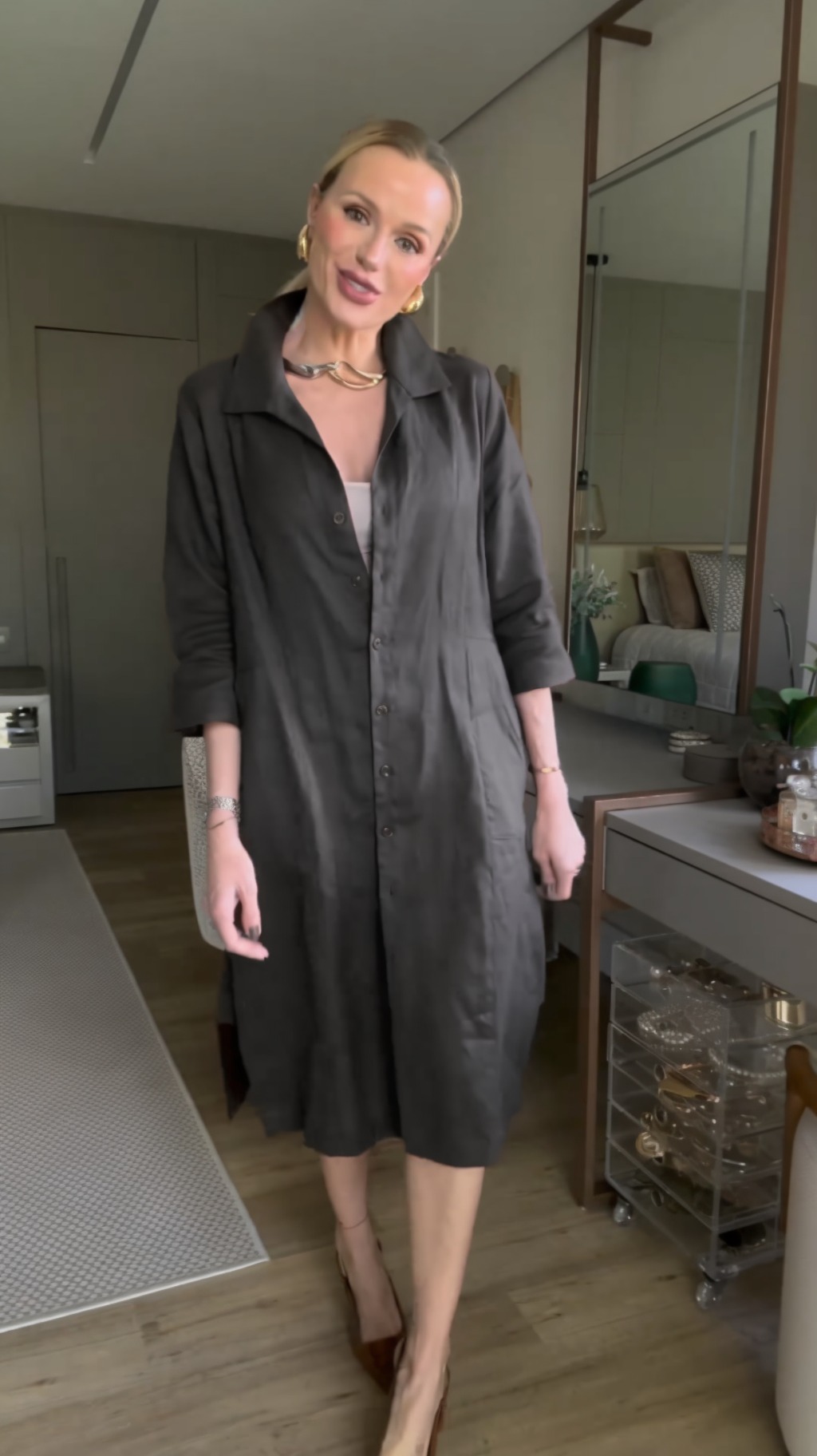 Women's  Cotton Linen Buttoned Three-Quarter Sleeve Dress