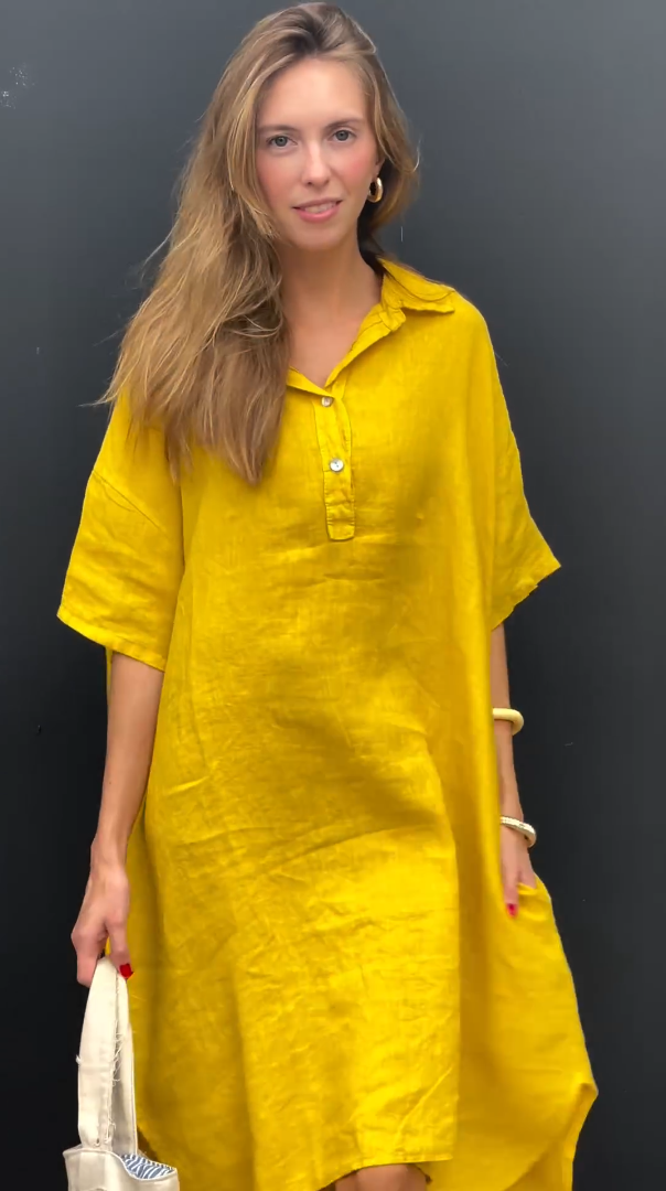 2024 New Women's Casual Cotton Linen Shirt Dress With Pocket