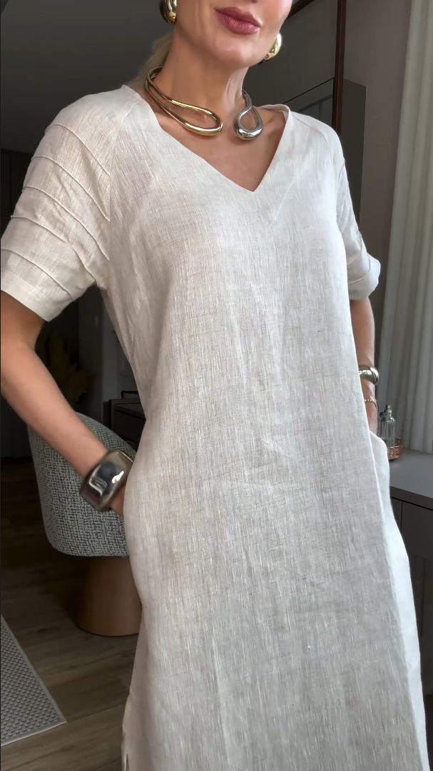 Women's Short sleeve Cotton Linen Skirt Dress With Pocket