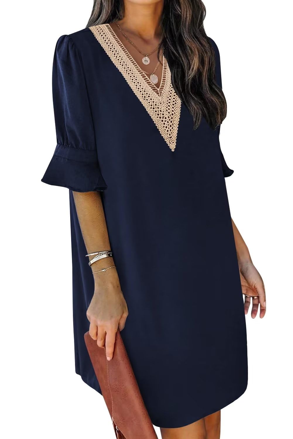 2024 Shift Dress for Women V Neck Short Sleeves Solid Color Flowy Casual Summer Dresses