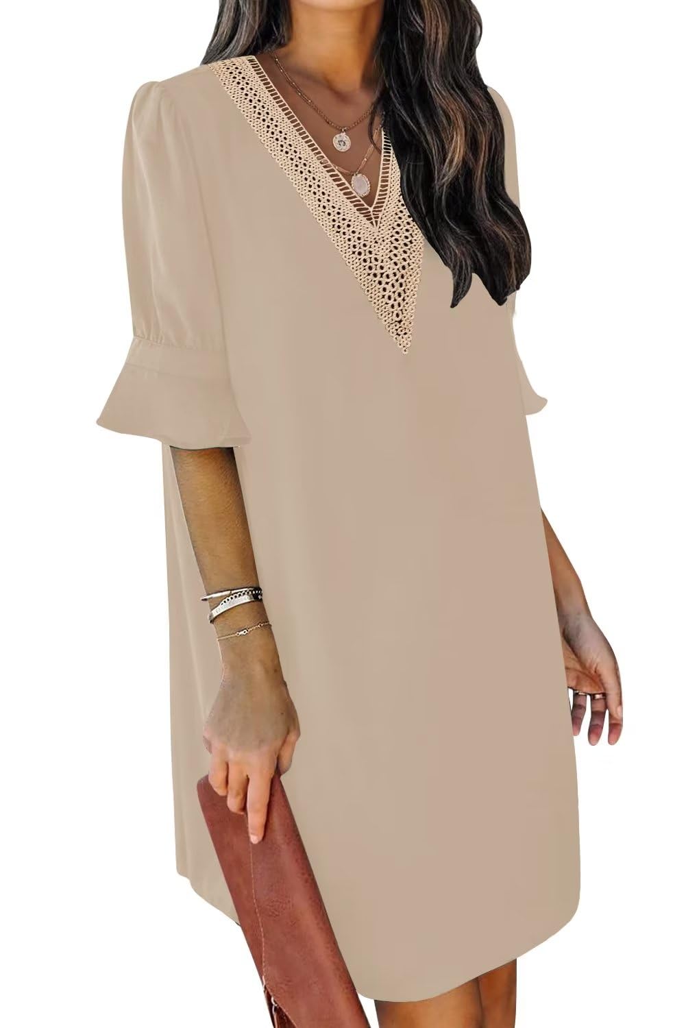 2024 Shift Dress for Women V Neck Short Sleeves Solid Color Flowy Casual Summer Dresses