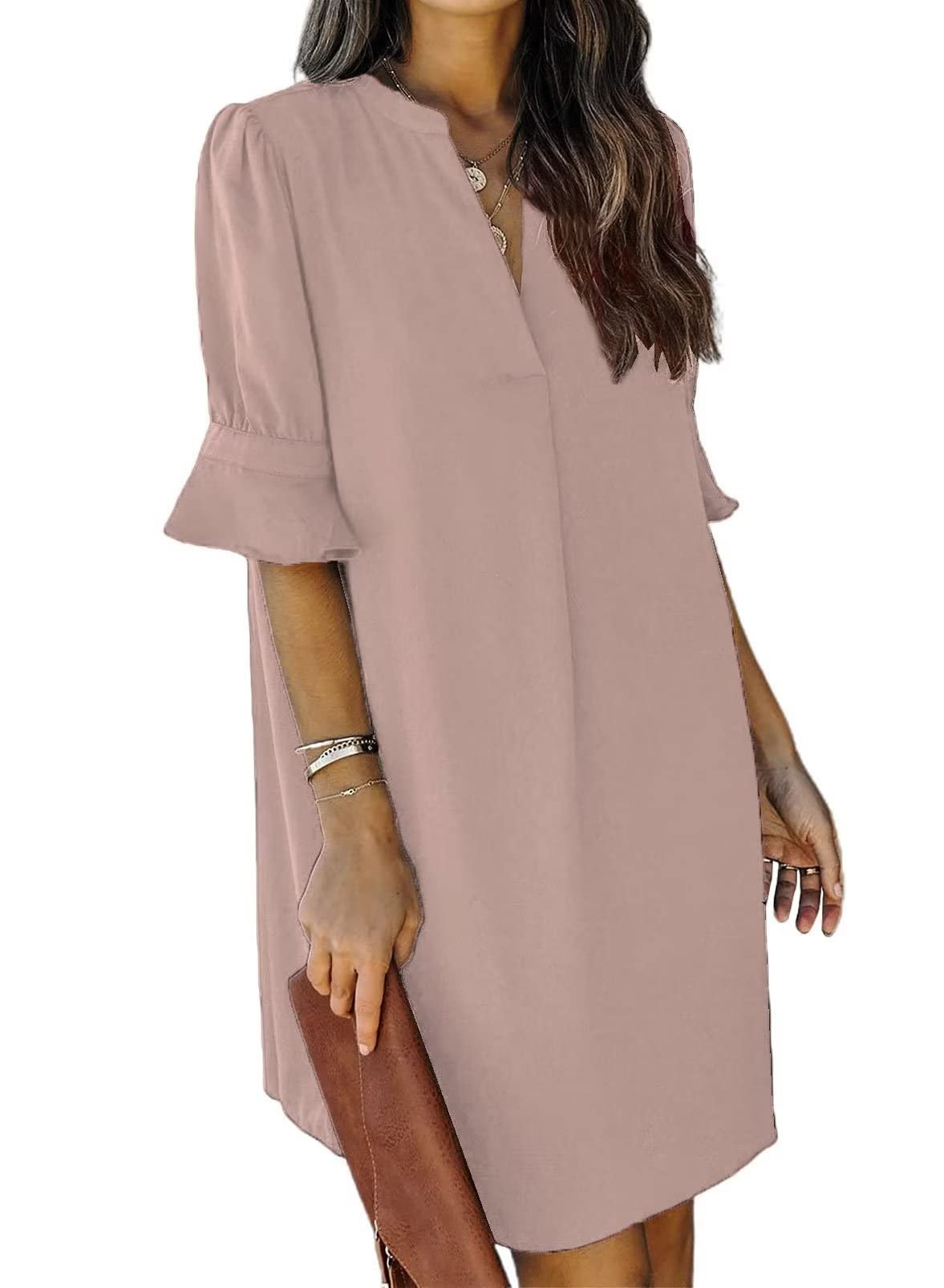 2024 Shift Dress for Women V Neck Short Sleeves Solid Color Flowy Casual Summer Dresses