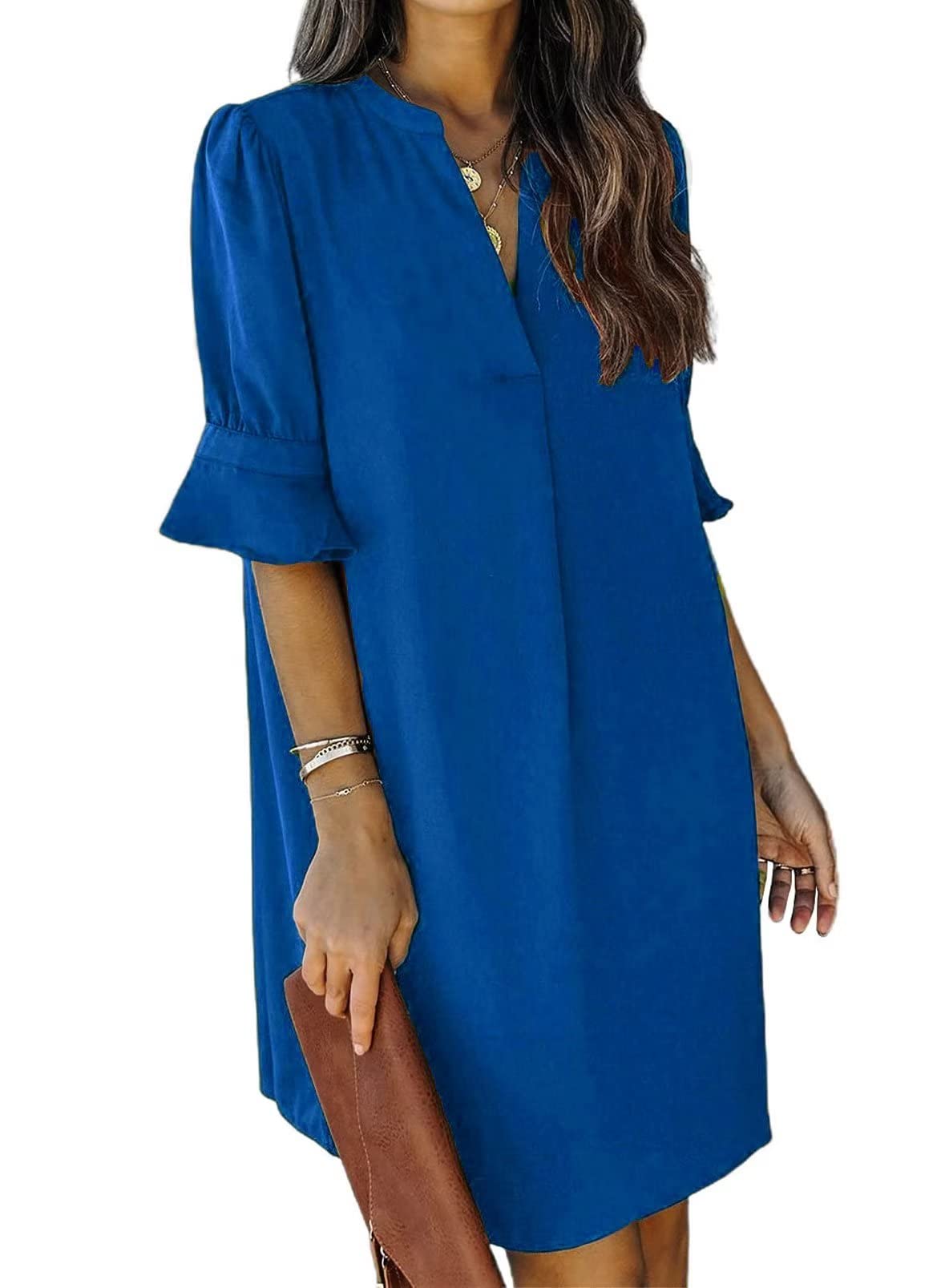 2024 Shift Dress for Women V Neck Short Sleeves Solid Color Flowy Casual Summer Dresses