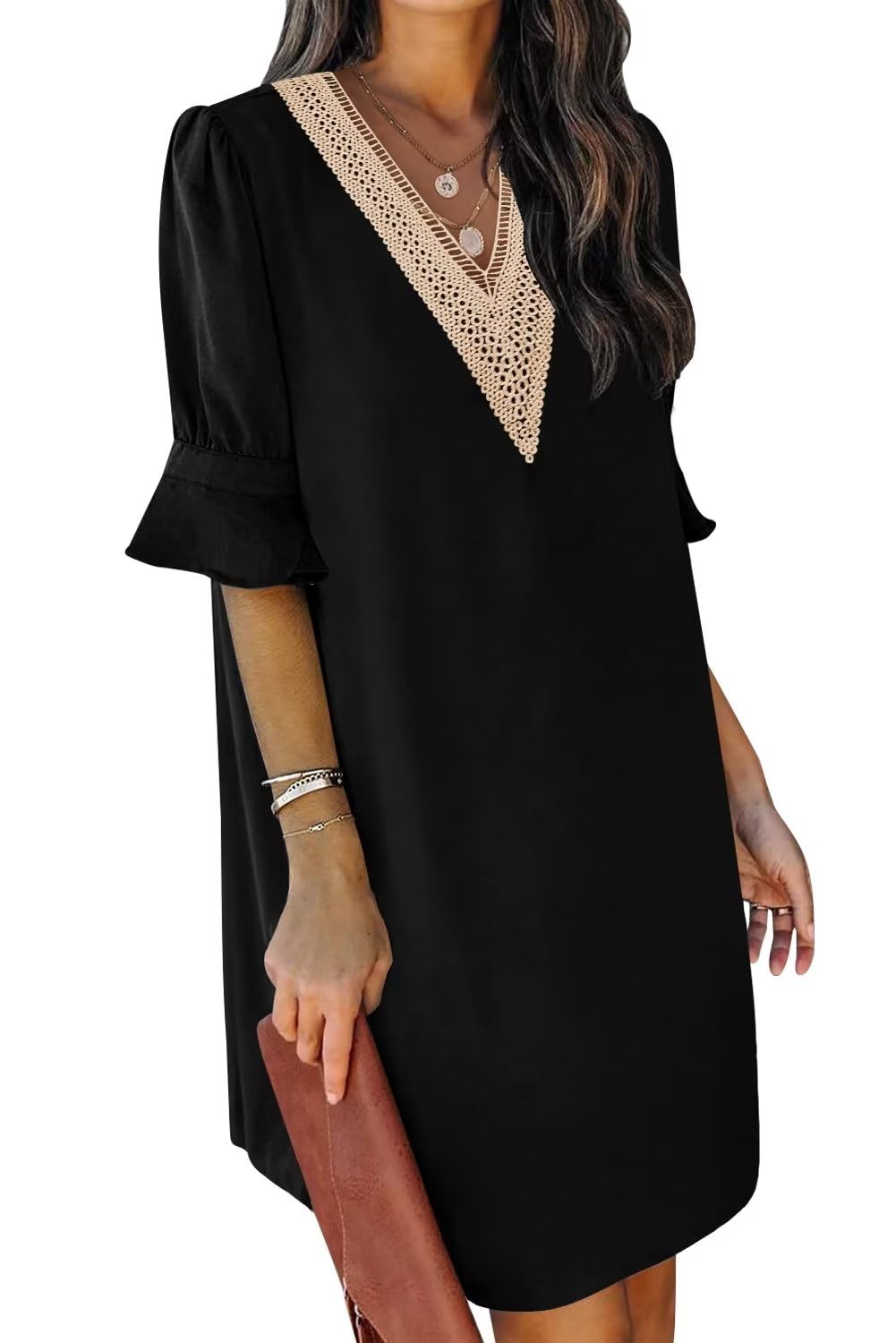 2024 Shift Dress for Women V Neck Short Sleeves Solid Color Flowy Casual Summer Dresses