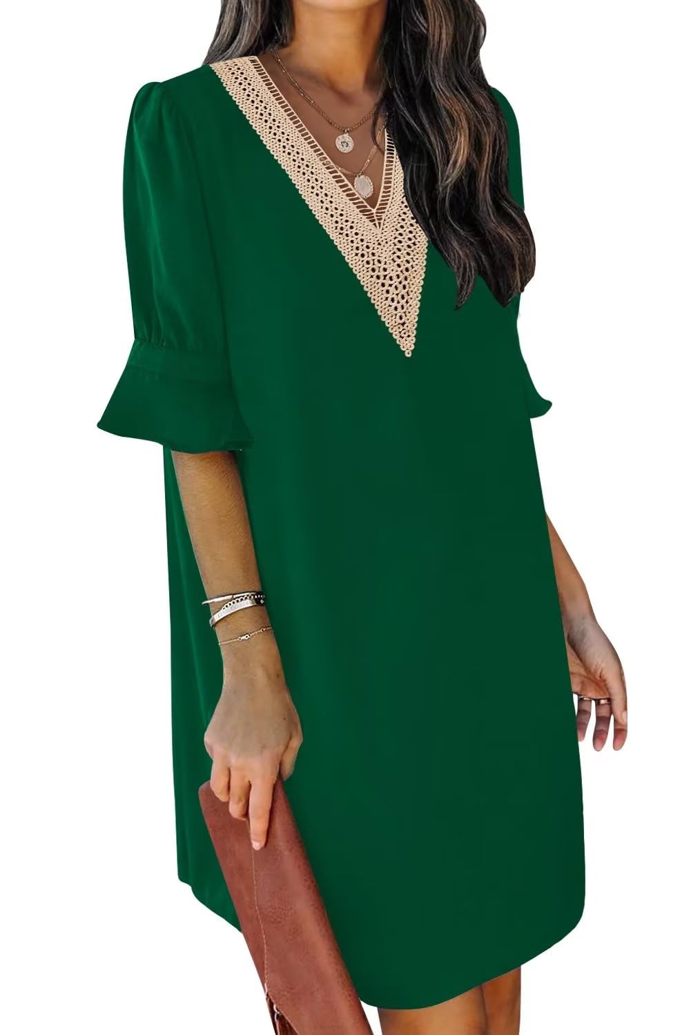 2024 Shift Dress for Women V Neck Short Sleeves Solid Color Flowy Casual Summer Dresses