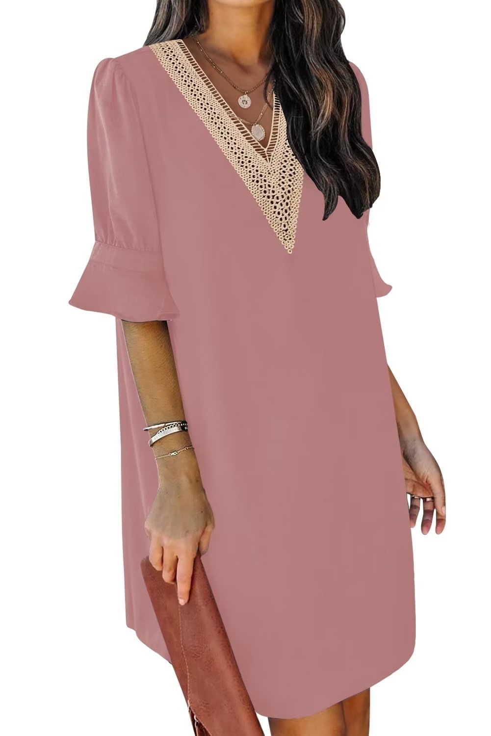 2024 Shift Dress for Women V Neck Short Sleeves Solid Color Flowy Casual Summer Dresses