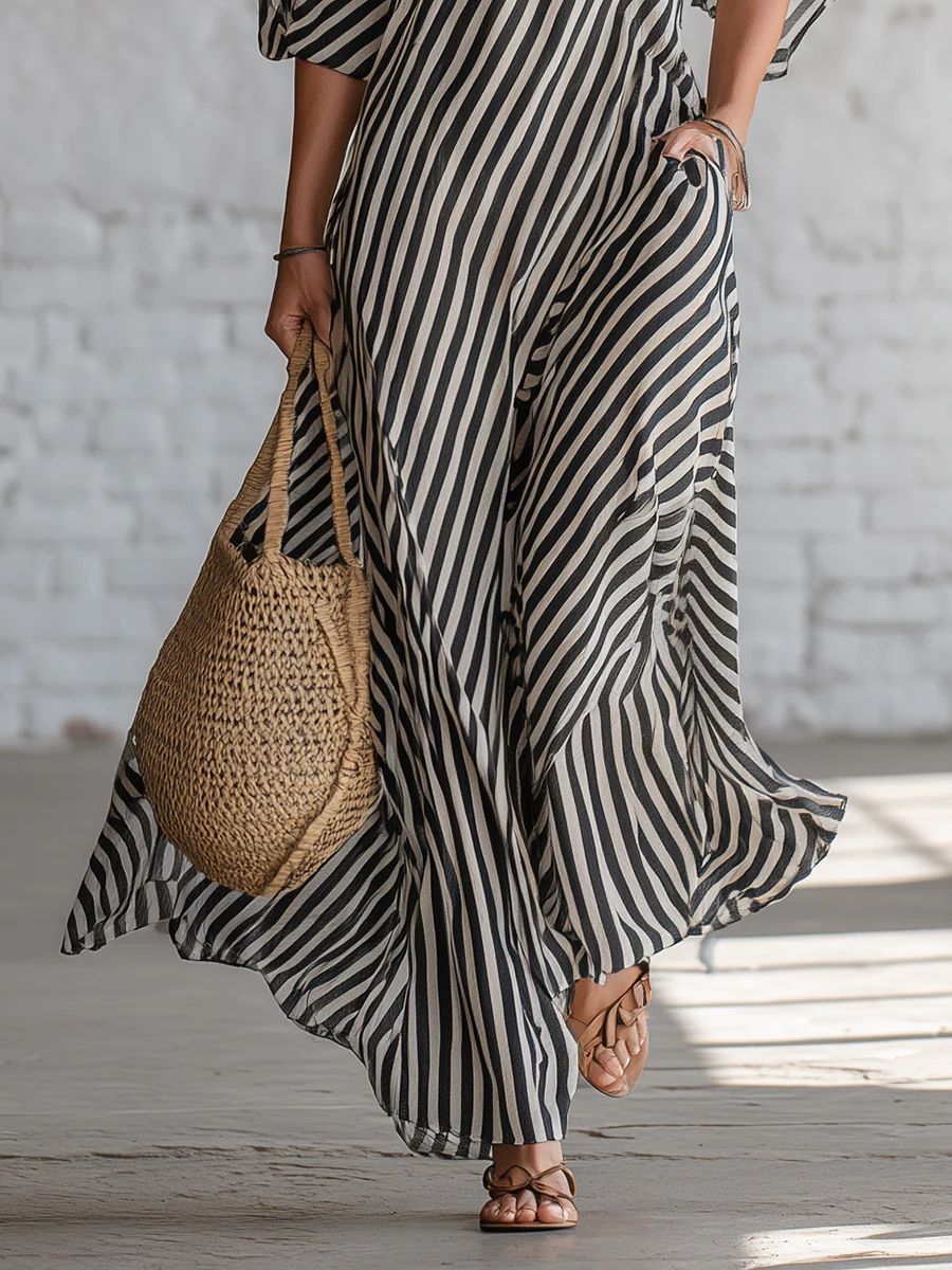 Urban Black Chiffon Striped Print Off Shoulder Maxi Dress