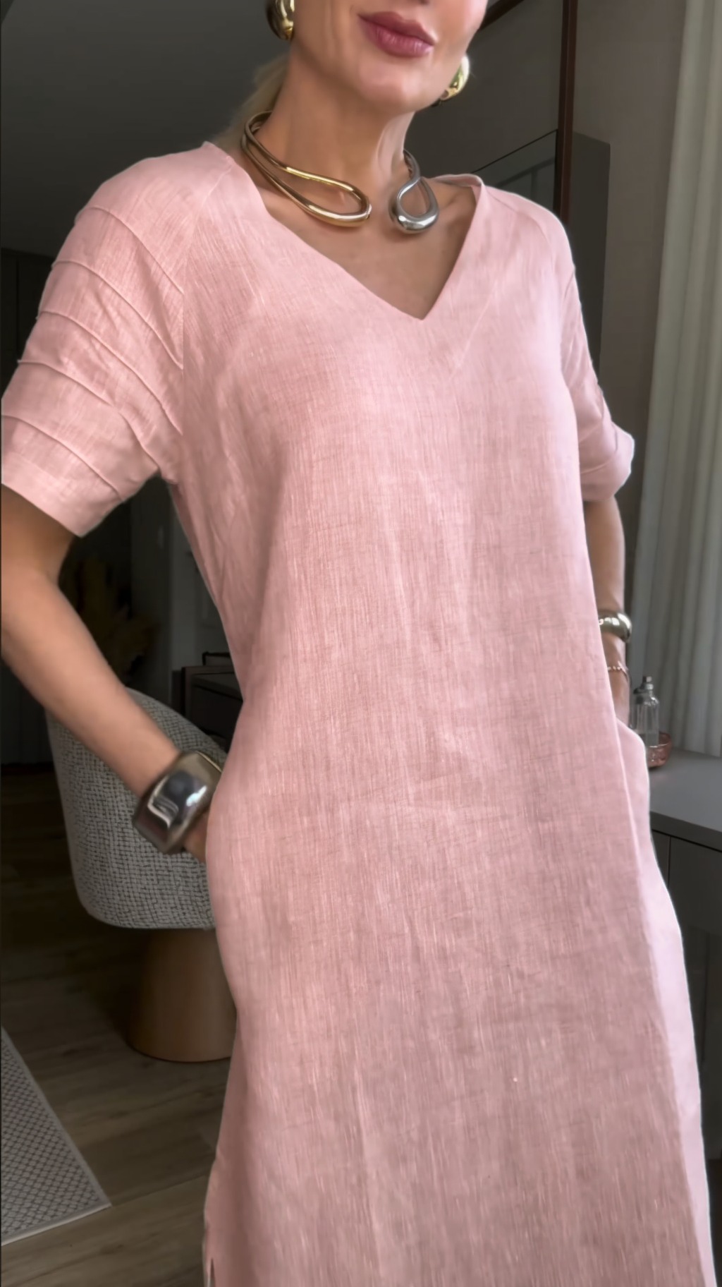 Women's Short sleeve Cotton Linen Skirt Dress With Pocket