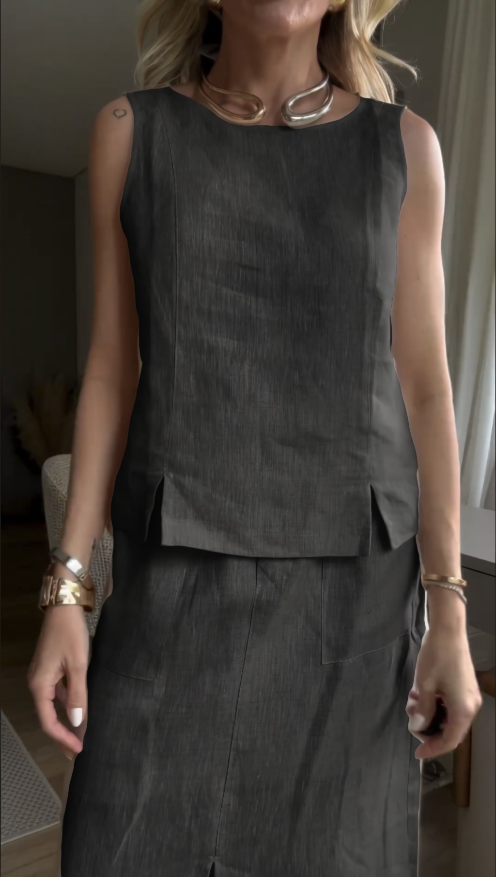 Women's Sleeveless Suit Cotton And Linen Skirt