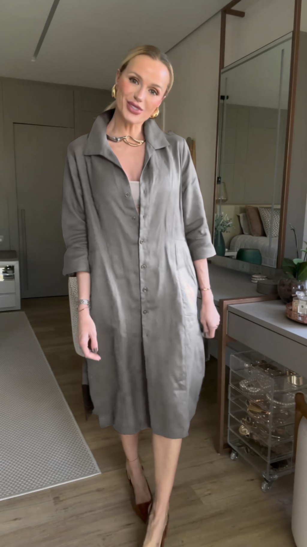 Women's  Cotton Linen Buttoned Three-Quarter Sleeve Dress