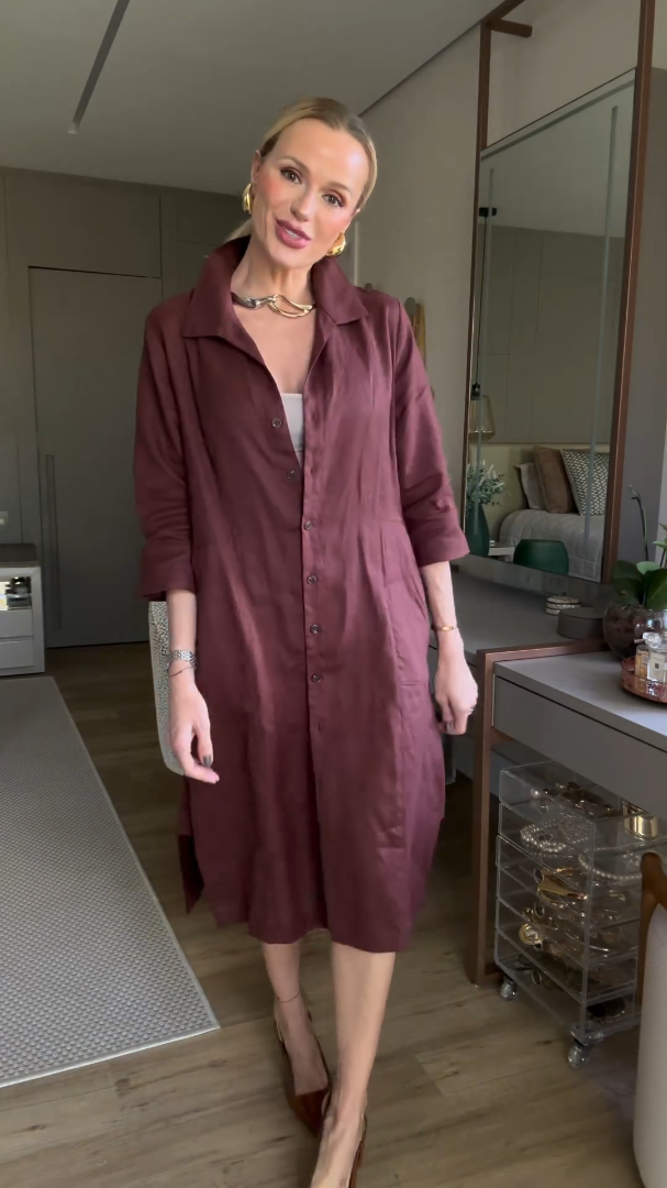 Women's  Cotton Linen Buttoned Three-Quarter Sleeve Dress