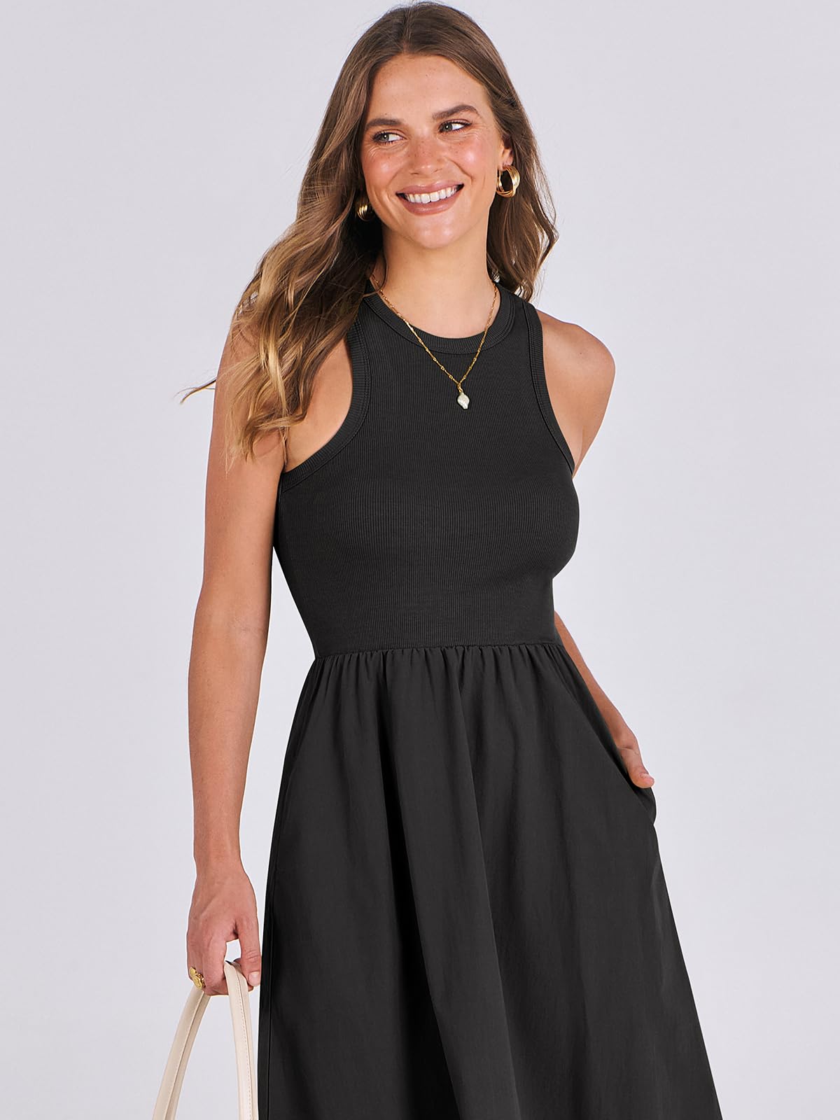 Women's Summer Casual Sleeveless Midi Sundress Knit High Neck Tank Top Racerback Flowy Dresses