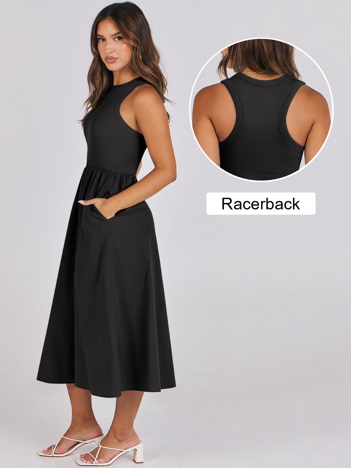 Women's Summer Casual Sleeveless Midi Sundress Knit High Neck Tank Top Racerback Flowy Dresses