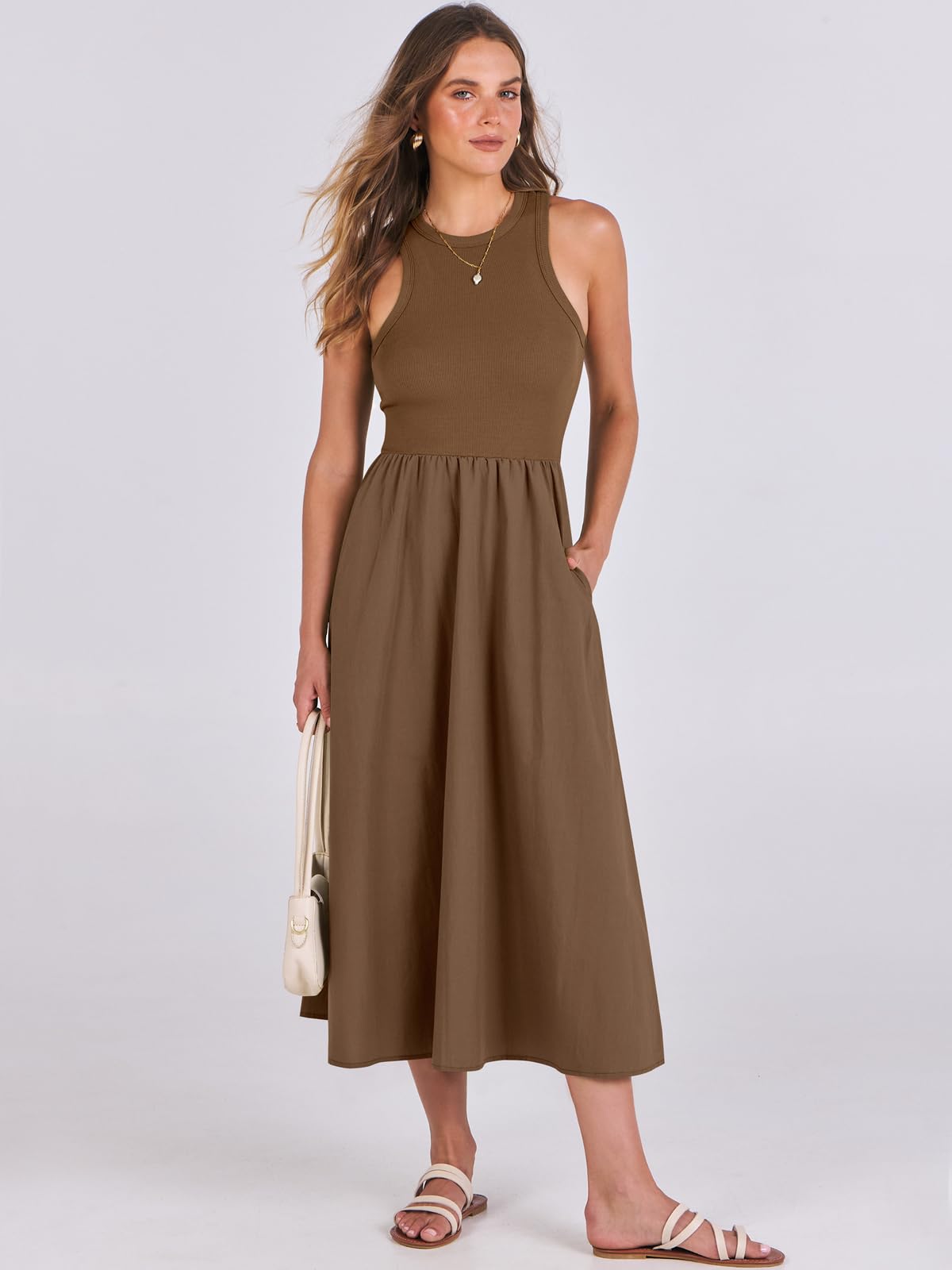 Women's Summer Casual Sleeveless Midi Sundress Knit High Neck Tank Top Racerback Flowy Dresses