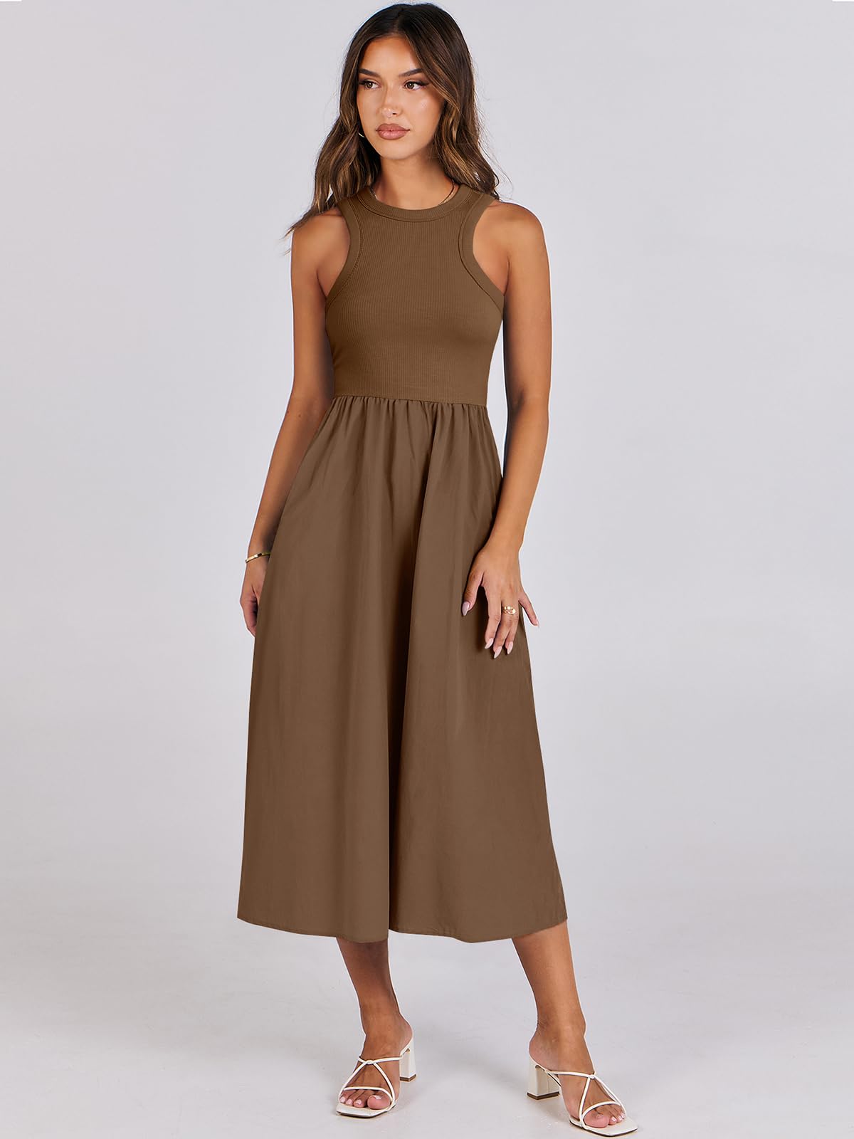 Women's Summer Casual Sleeveless Midi Sundress Knit High Neck Tank Top Racerback Flowy Dresses