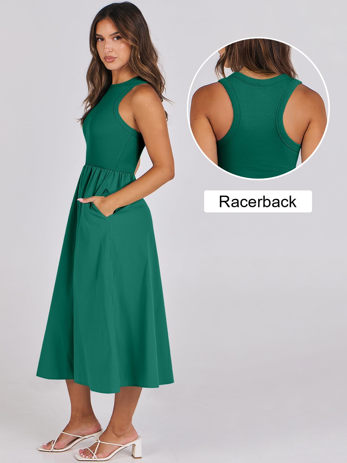 Women's Summer Casual Sleeveless Midi Sundress Knit High Neck Tank Top Racerback Flowy Dresses