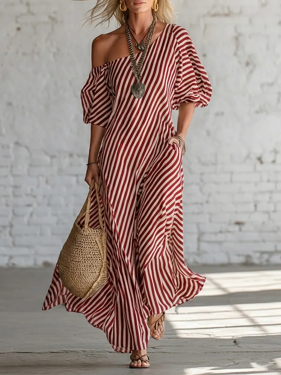 Urban Black Chiffon Striped Print Off Shoulder Maxi Dress