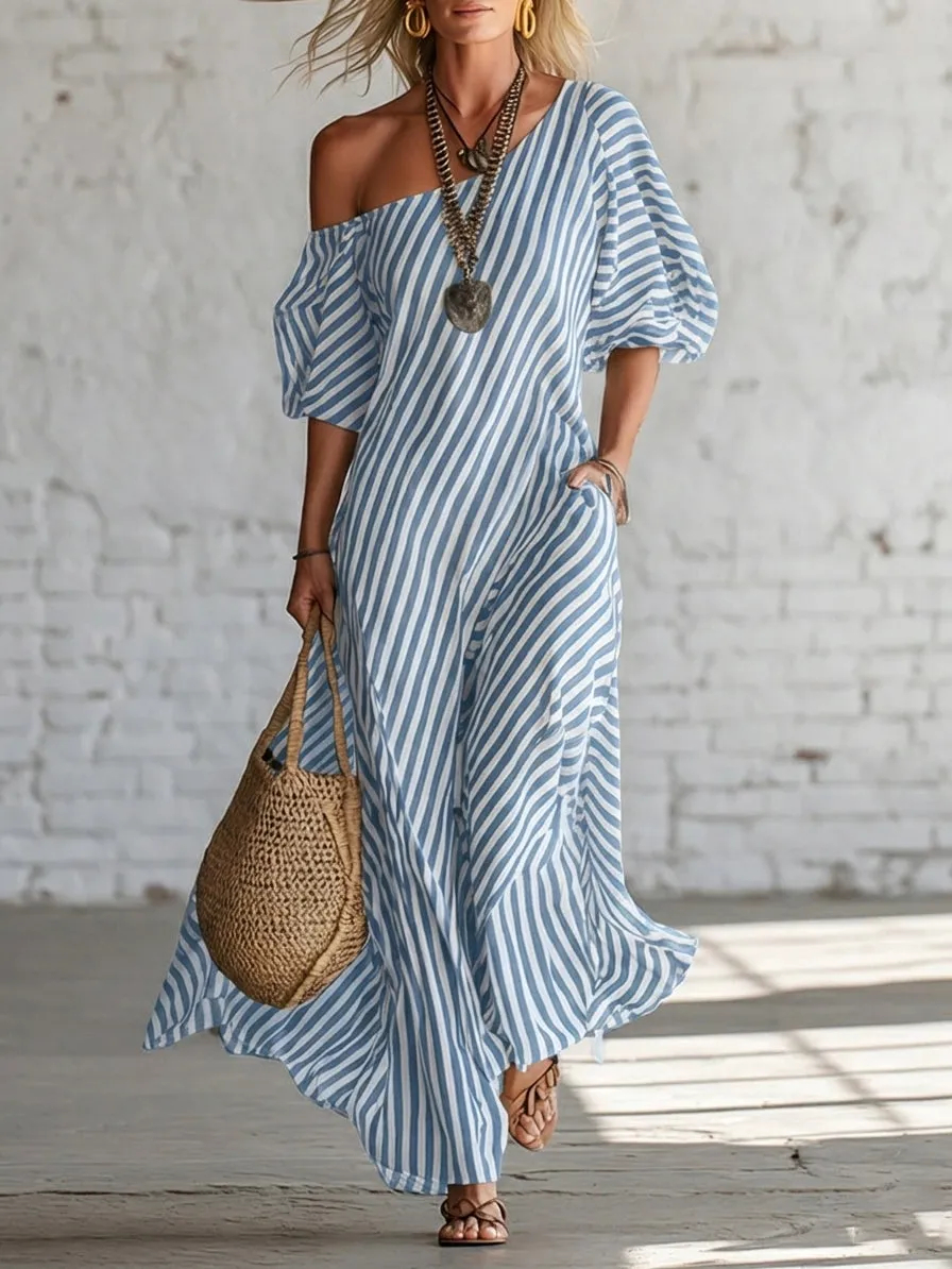 Urban Black Chiffon Striped Print Off Shoulder Maxi Dress