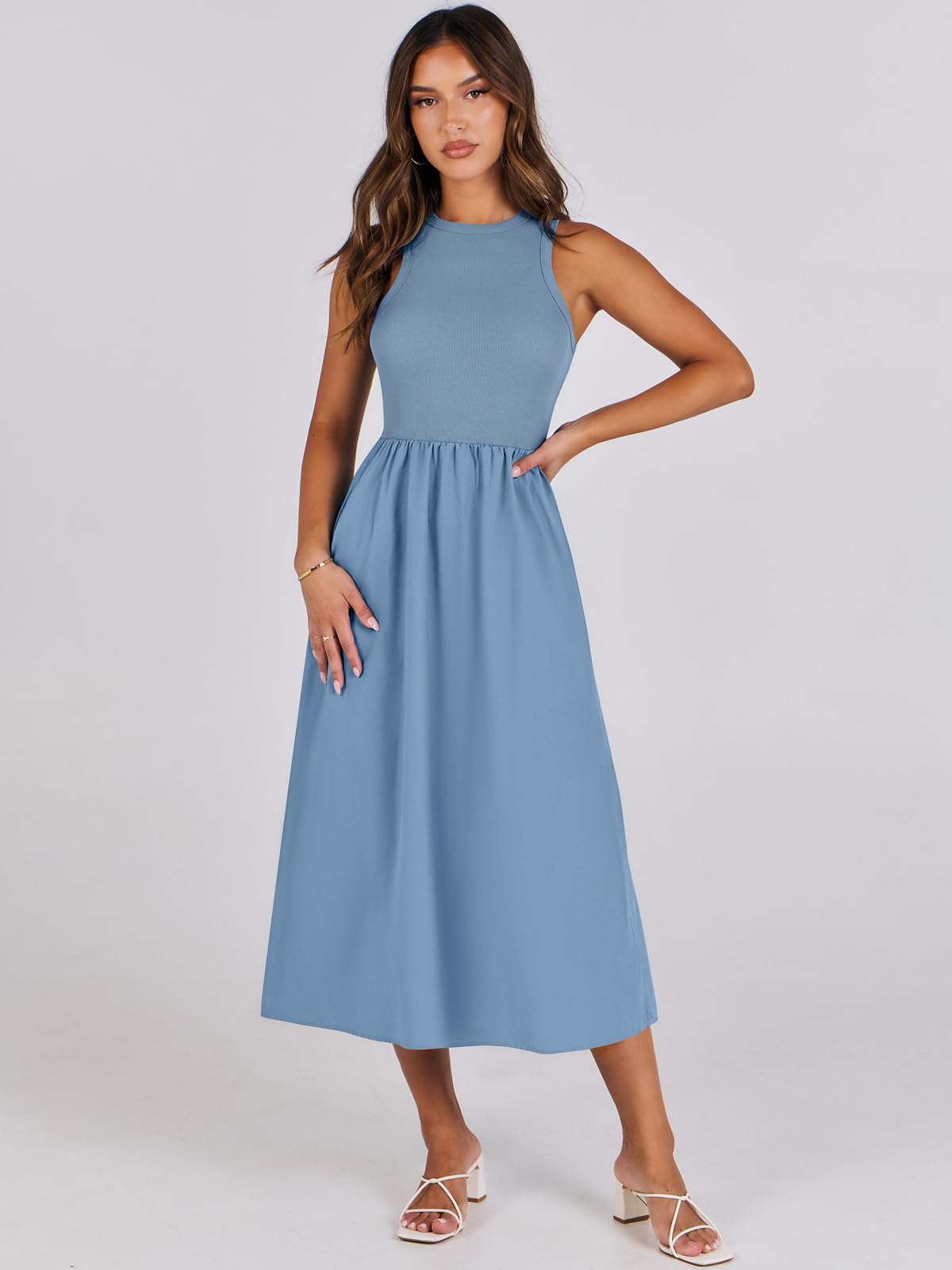 Women's Summer Casual Sleeveless Midi Sundress Knit High Neck Tank Top Racerback Flowy Dresses