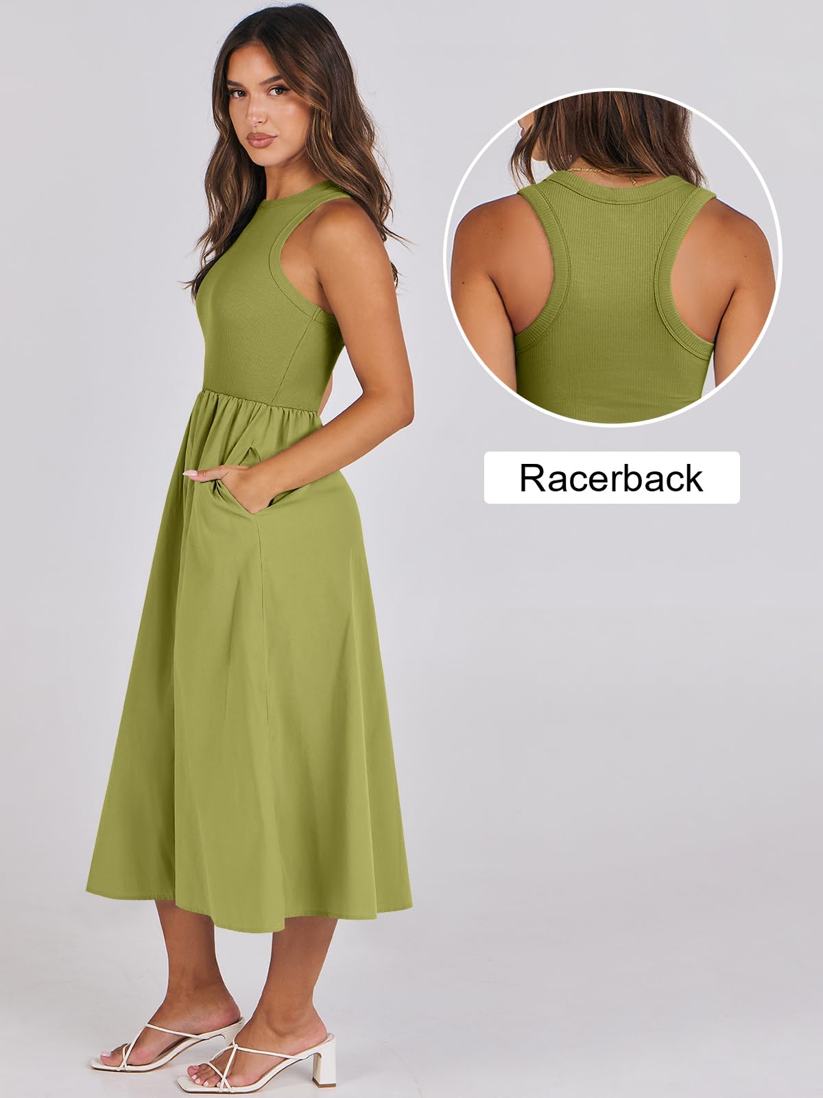 Women's Summer Casual Sleeveless Midi Sundress Knit High Neck Tank Top Racerback Flowy Dresses