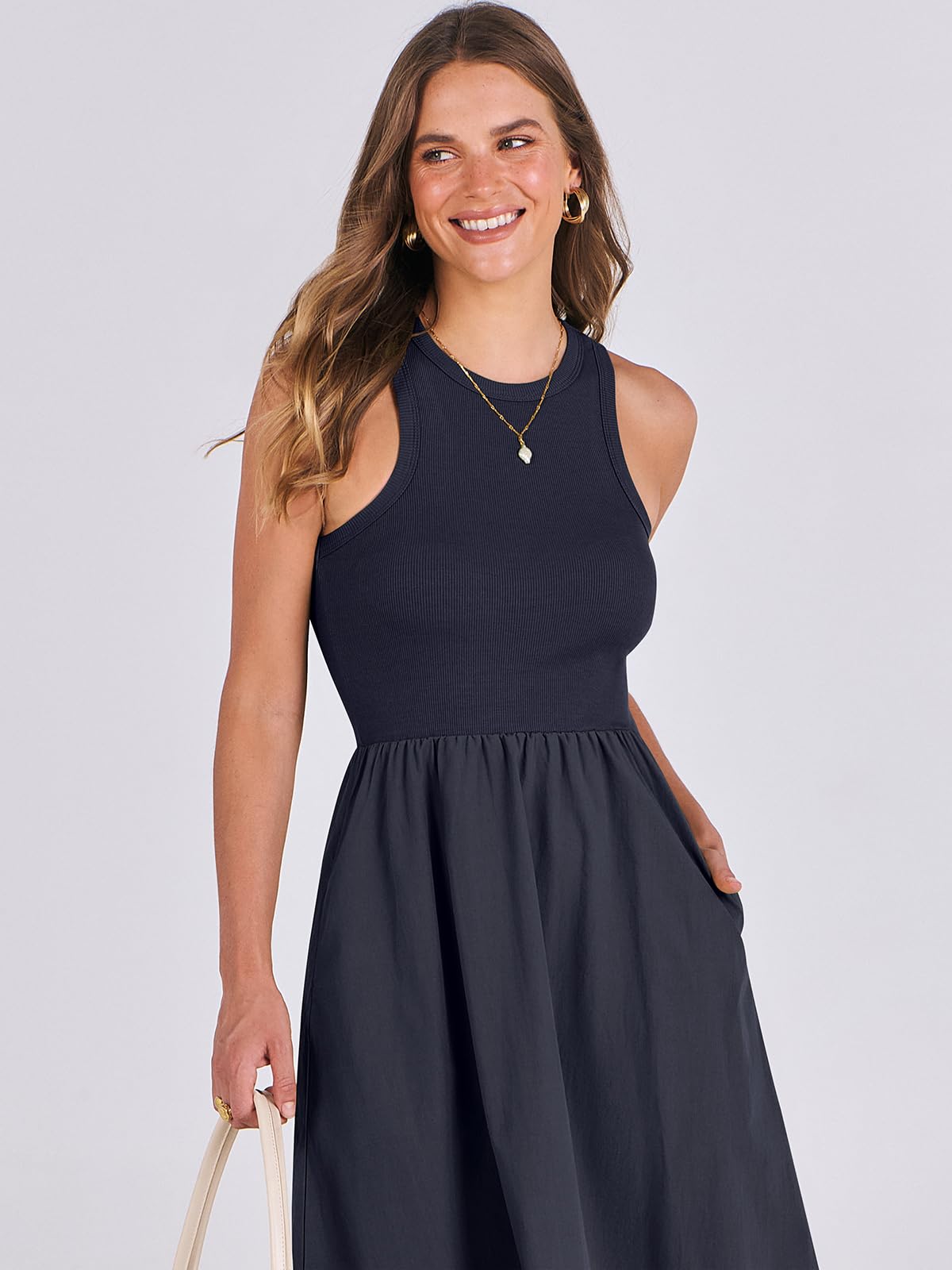 Women's Summer Casual Sleeveless Midi Sundress Knit High Neck Tank Top Racerback Flowy Dresses