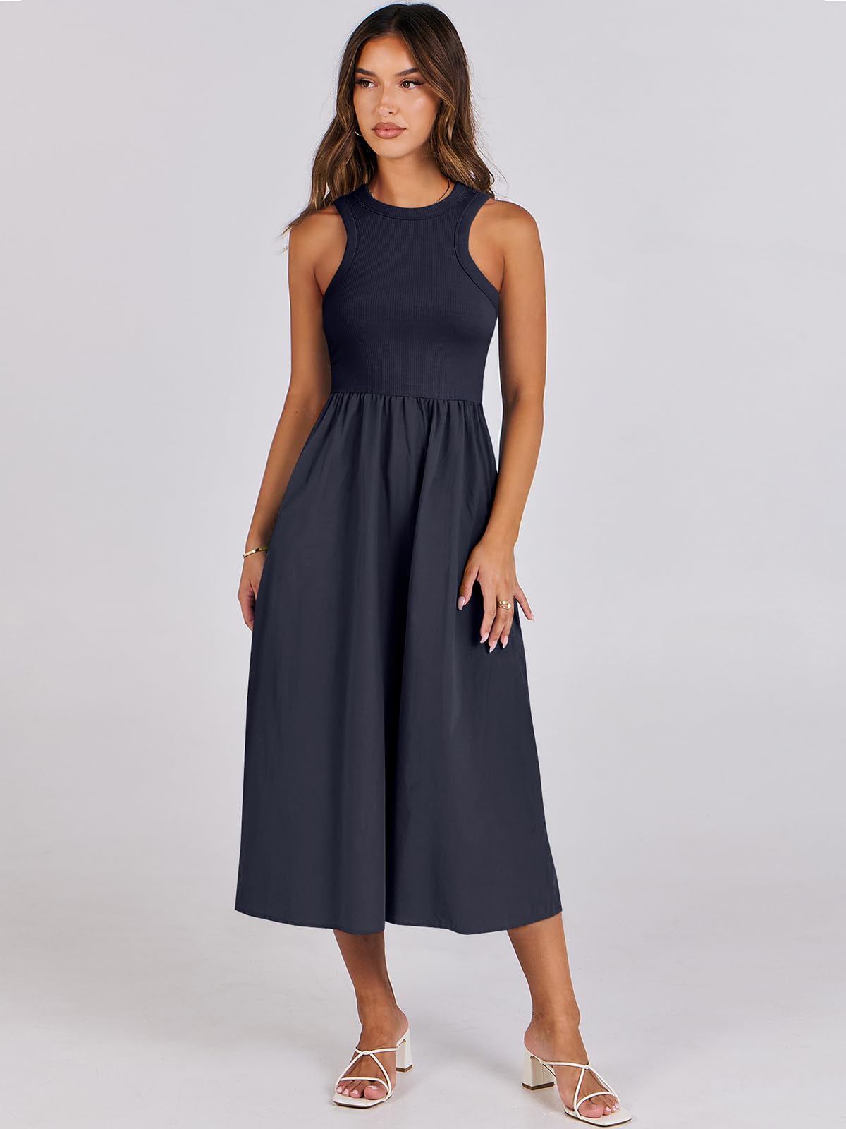 Women's Summer Casual Sleeveless Midi Sundress Knit High Neck Tank Top Racerback Flowy Dresses