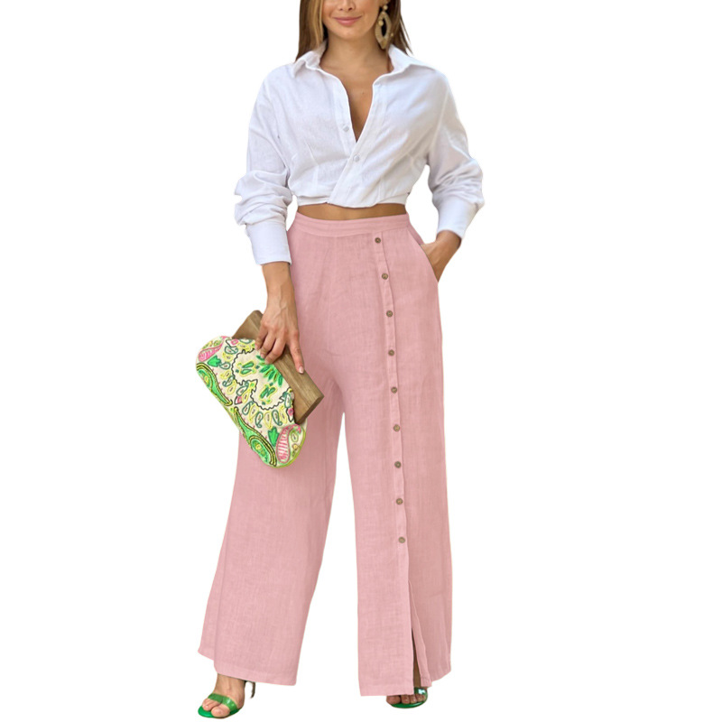 Women's Summer Casual Linen Wide Leg Buttoned Pants