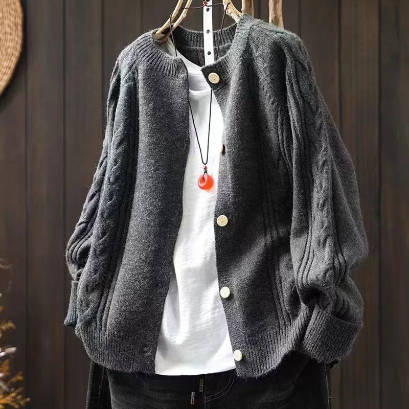 Jacquard knit cardigan button sweater-True Szie