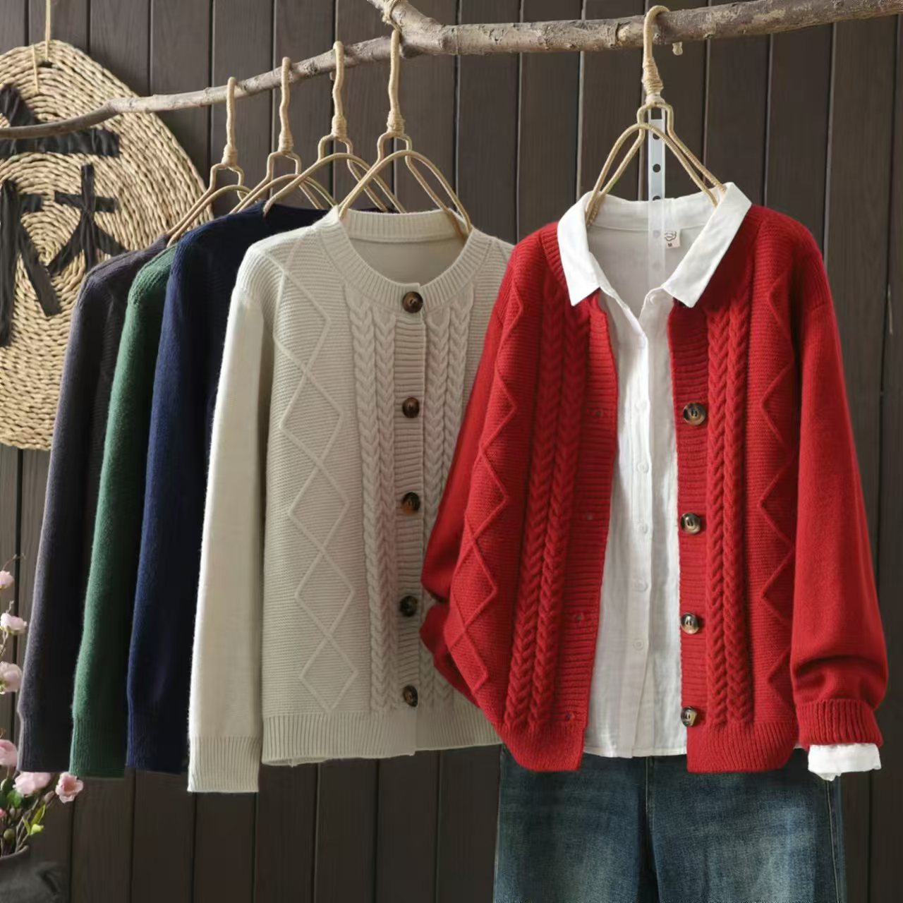 Jacquard knit cardigan button sweater