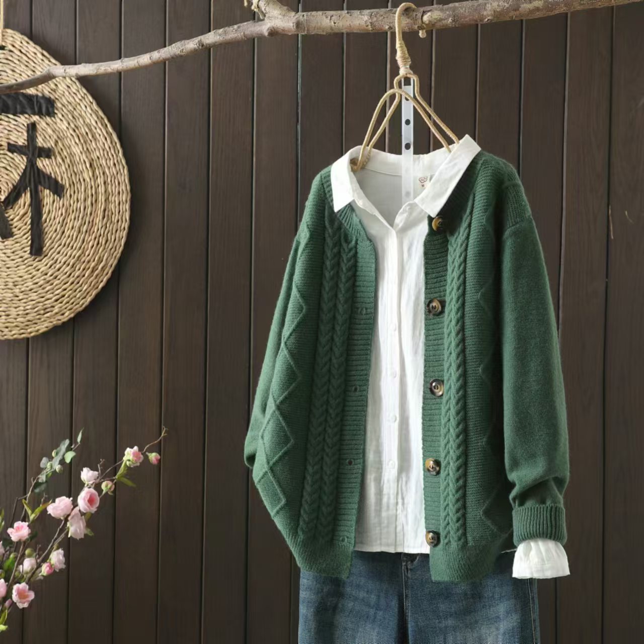 Jacquard knit cardigan button sweater