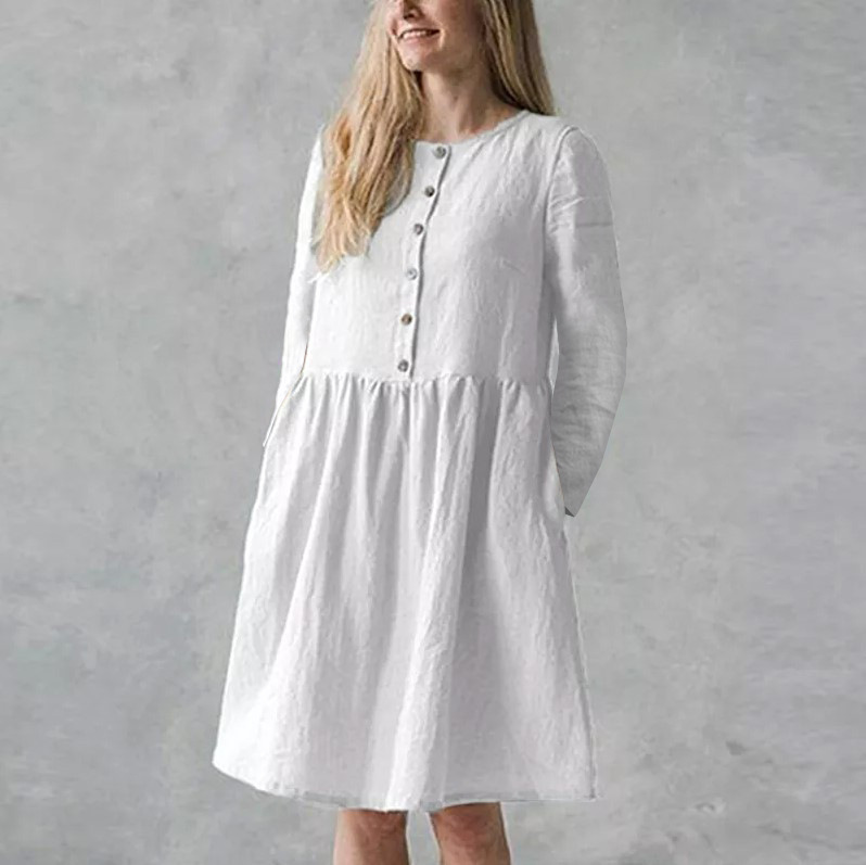 2024 Women's Fashion Casual Round Neck Pocket Button Cotton and Linen Dress