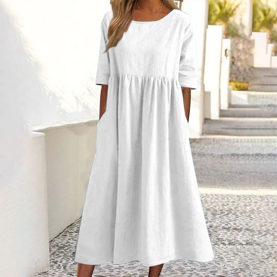 2024 spring and summer new round neck 5-quarter sleeve large size loose long cotton and linen dress